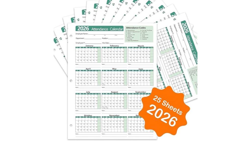 2026 attendance tracker calendar