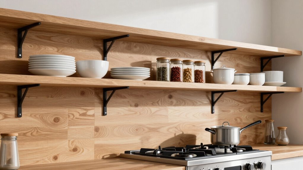 open shelving near stoves
